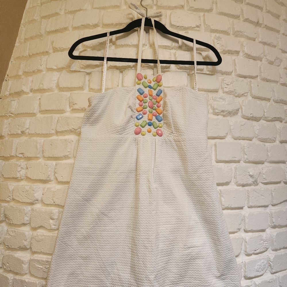 Lilly Pulitzer White Cotton Halter Pastel Bead Embellished Halter Dress Sz 6